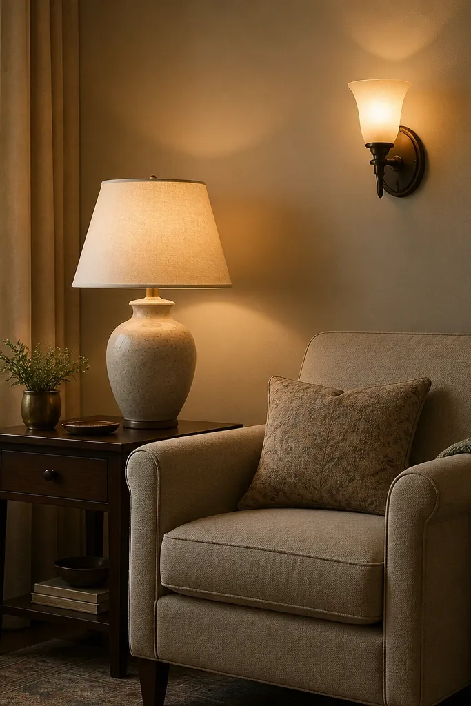 A table lamp with a cream fabric shade sits on a side table at sofa arm height. A wall sconce with a warm glass shade is mounted beside it. Both lights cast warm pools around an armchair.