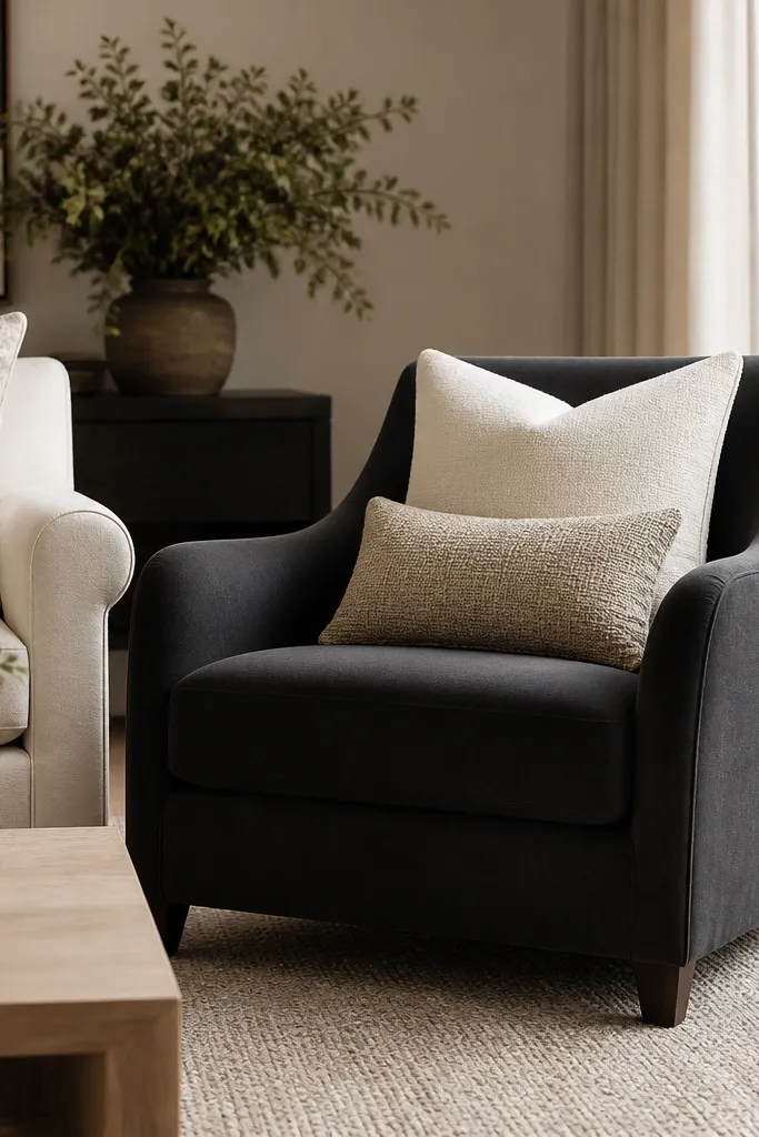 A charcoal upholstered accent chair sits next to a cream sofa. The chair has two cream cushions and one small textured lumbar in oatmeal. The rug is greige with a subtle texture.