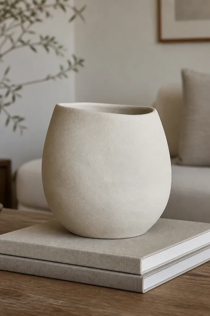 A coffee table holds a neat stack of two neutral-toned books. One oversized ceramic vessel in warm off-white sits on top. The vessel has a slightly irregular shape and a matte finish.