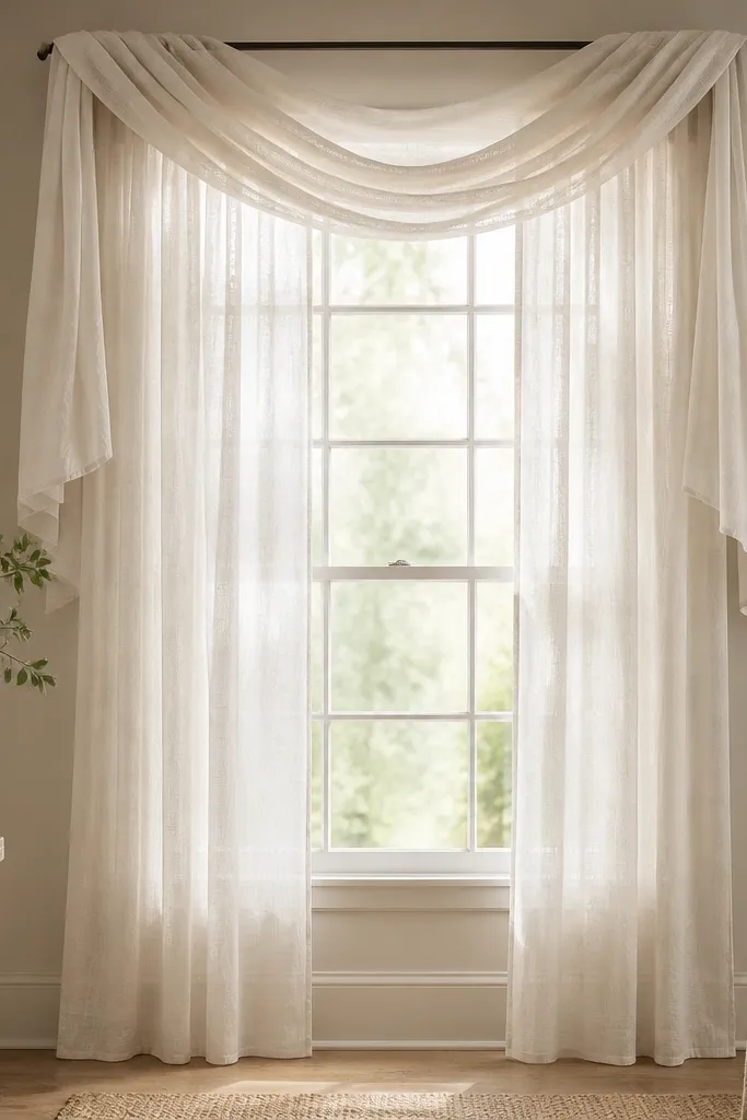 A single sheer-to-lightweight fabric panel drapes above the window, creating a soft valance effect. The panel folds loosely and hangs down on both sides. Below it, a simple curtain rod holds matching sheers.
