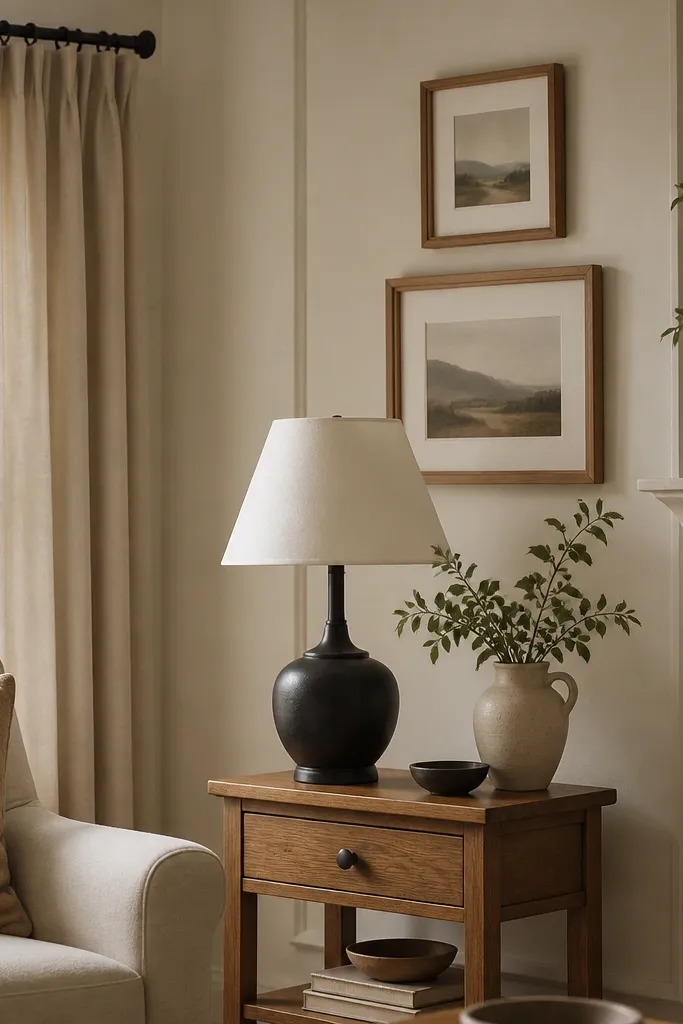 A room with a warm oak side table and wood picture frames. One dark metal finish appears consistently in a black lamp base and a black curtain rod. The rest of the decor uses warm neutrals.