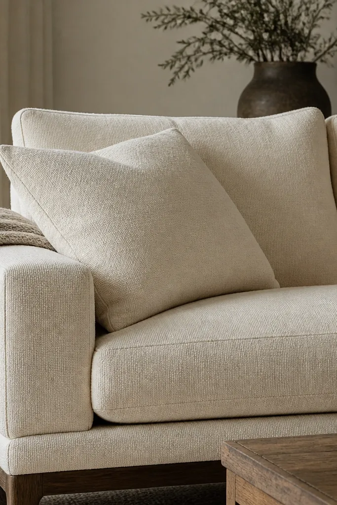 A sofa with cream cushions in wool-blend covers. The covers show a visible weave pattern and soft fuzz. A throw in oatmeal knit sits across the arm.