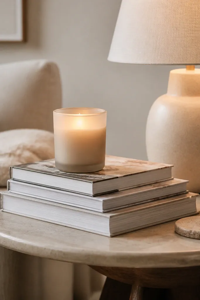 A small round side table holds a thick stack of books topped with a candle. The candle is in a matte sand glass holder. A warm lamp sits slightly behind the candle, and a coaster is visible.