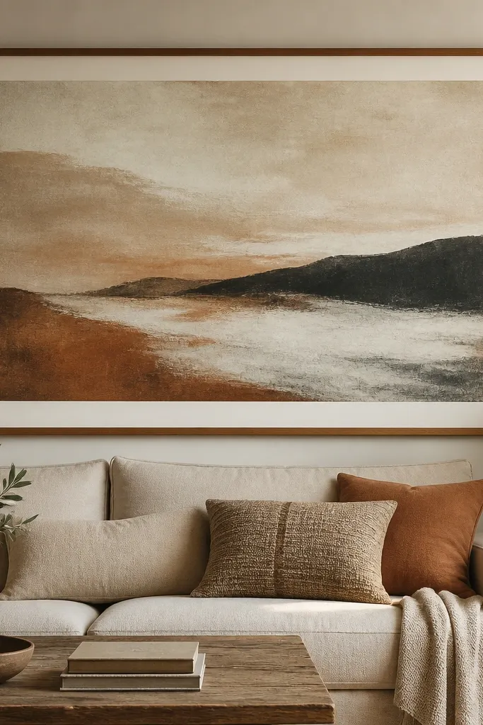 A large framed print hangs above a sofa. The frame is warm wood, the mat is off-white, and the artwork uses muted tones like oat, clay, and charcoal. The art fills most of the wall space.