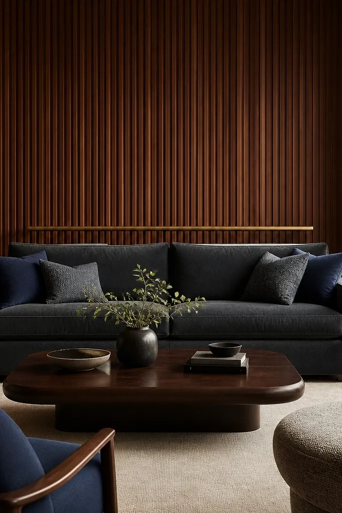 A living room wall behind a dark gray sofa. The center section has vertical fluted walnut panels, framed by smooth walnut edges. A slim horizontal rail sits level with the sofa back cushions, and warm recessed lighting washes the wood grain.