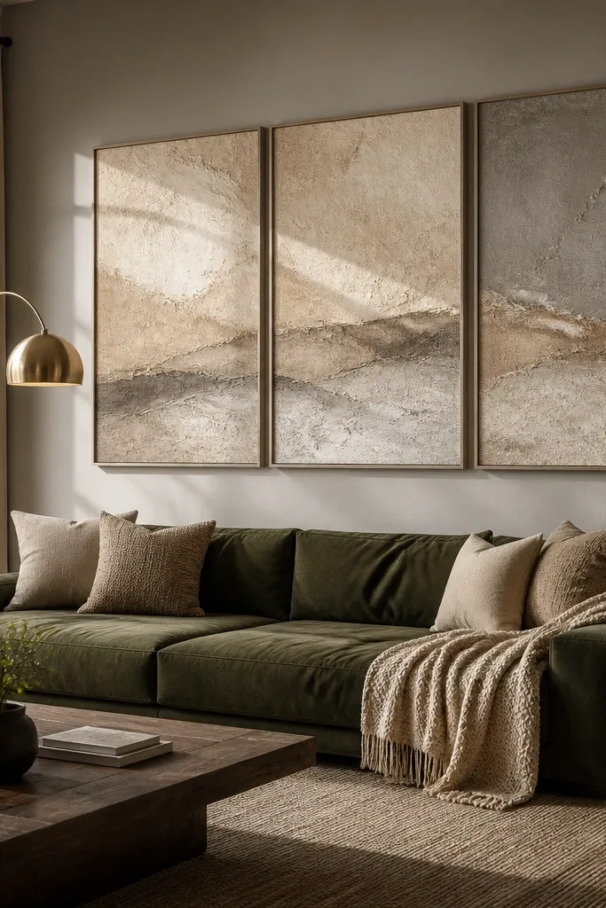 Behind a cream sofa is a three-panel triptych in muted oatmeal linen texture. Each panel has a thin, matte black frame with identical widths, hung as a centered grid. The panels have subtle tonal shading and soft shadows at the edges.