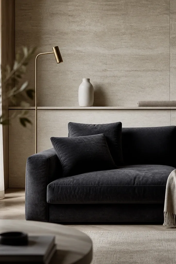 A modern living room wall has a centered stone-look tile feature behind a light gray sofa. The tile looks like honed travertine with subtle veining, and a narrow floating ledge sits below the top third. Warm wall lights create gentle highlights across the stone texture.