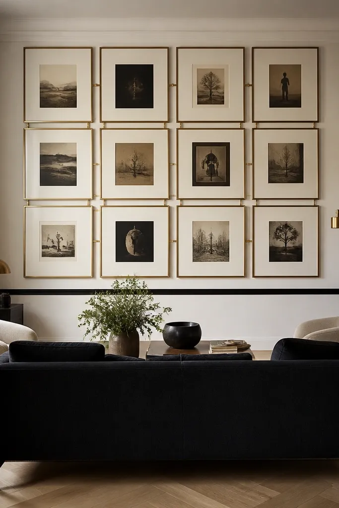 A dark charcoal sofa sits in front of a gallery wall grid. There are six framed prints in off-white, each frame in matte black with thin brass spacers between frames. A slim black horizontal line or molding runs across the wall at sofa cushion height.