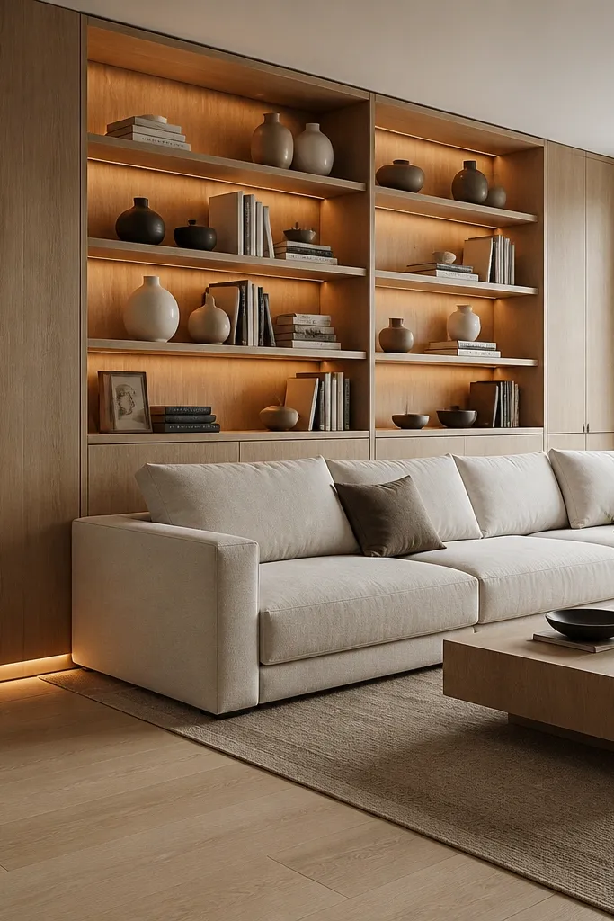 A built-in back wall panel behind a sofa. It has tall open shelves with hidden LED lighting under each shelf lip. The wood is warm oak with flat fronts and minimal trim. A few books are stacked vertically and horizontally with matching neutral covers.