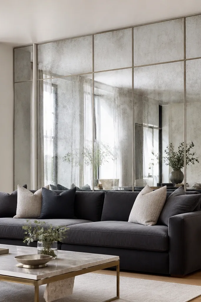 Behind a white sofa is a single large mirrored glass panel with a subtle wavy texture. The panel sits inside a brushed nickel frame. Soft daylight and warm lamps reflect off the edges, creating a glow behind the sofa.