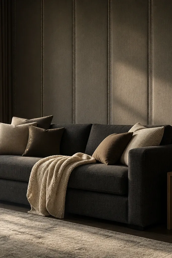 A charcoal upholstered wall panel sits behind a light beige sofa. The panel has a softened rectangular shape with tight seams and a narrow nailhead trim along the edges. A single warm sconce on each side casts light across the fabric.