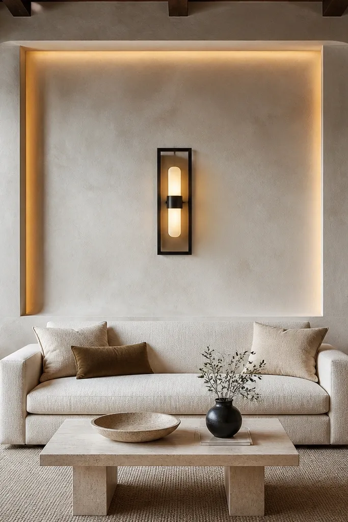 A white limewashed wall behind a sofa. There is a centered plinth-like feature in the wall with a slightly darker tone, and a black framed sconce mounted at the center. The wall finish looks mottled and softly uneven.