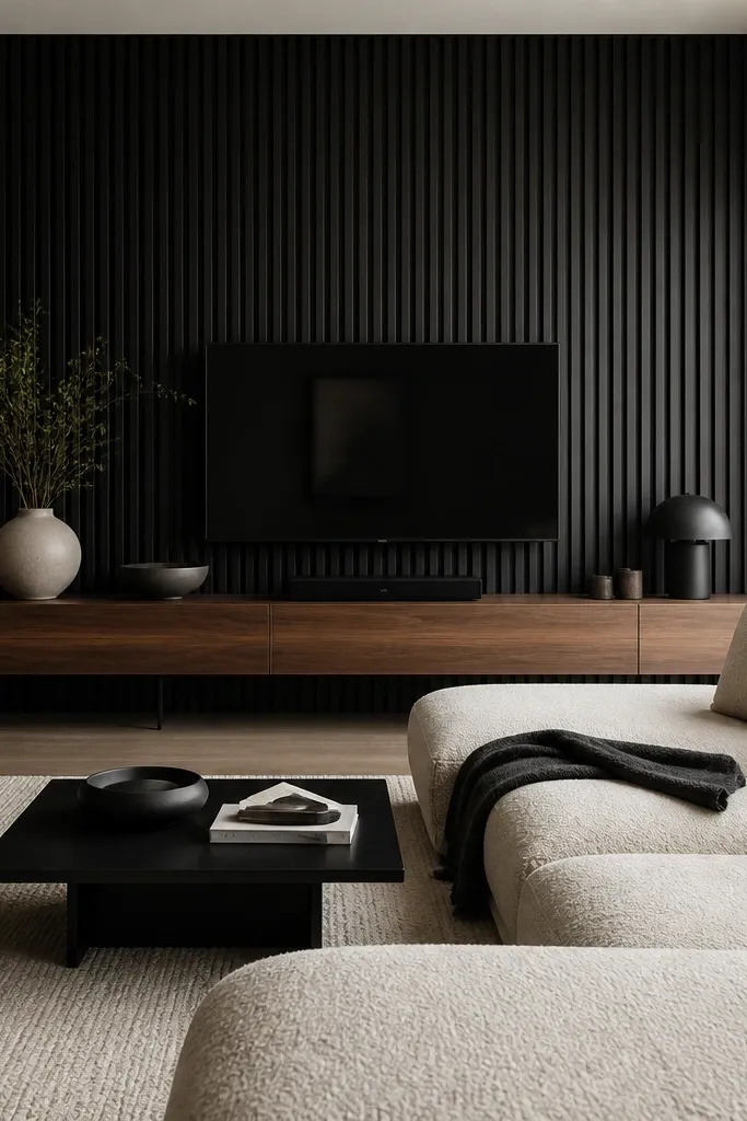 A matte black slat wall behind a sofa. The slats run vertically and are evenly spaced. A floating console runs horizontally at lower height, and the sofa back sits centered above the console line.
