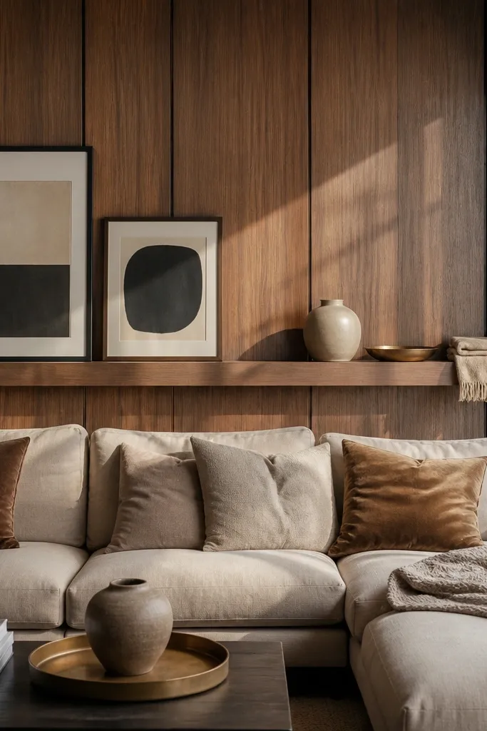 A warm walnut vertical panel wall behind a sofa. A picture ledge runs horizontally across the panel, and a row of framed art sits above the ledge. The frames are slim and in light wood with off-white mats.