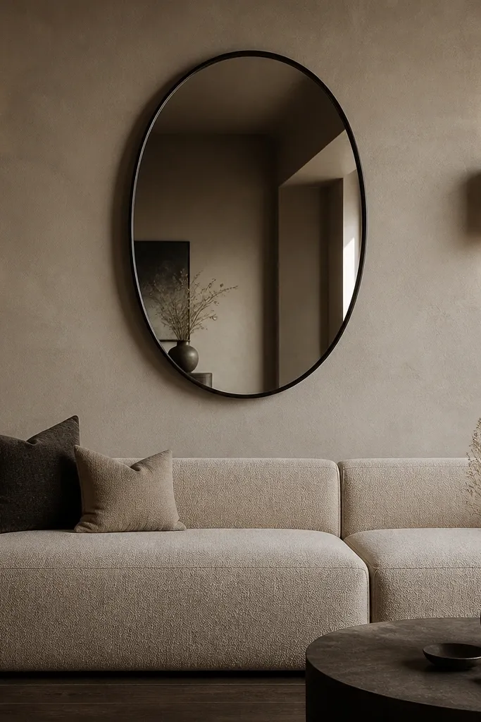 A smooth plaster-like wall behind a sofa in soft greige. A floating oval mirror with a thin shadow gap sits centered above the sofa back. The mirror frame is minimal, with gentle warm lighting from a nearby sconce.
