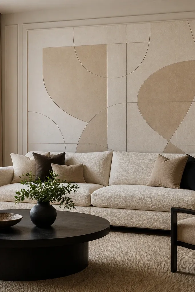 A warm geometric wallpaper panel behind a sofa. The pattern is subtle - small intersecting lines in taupe and sand on a creamy background. The wallpaper is applied as a centered rectangle, framed by solid paint edges.