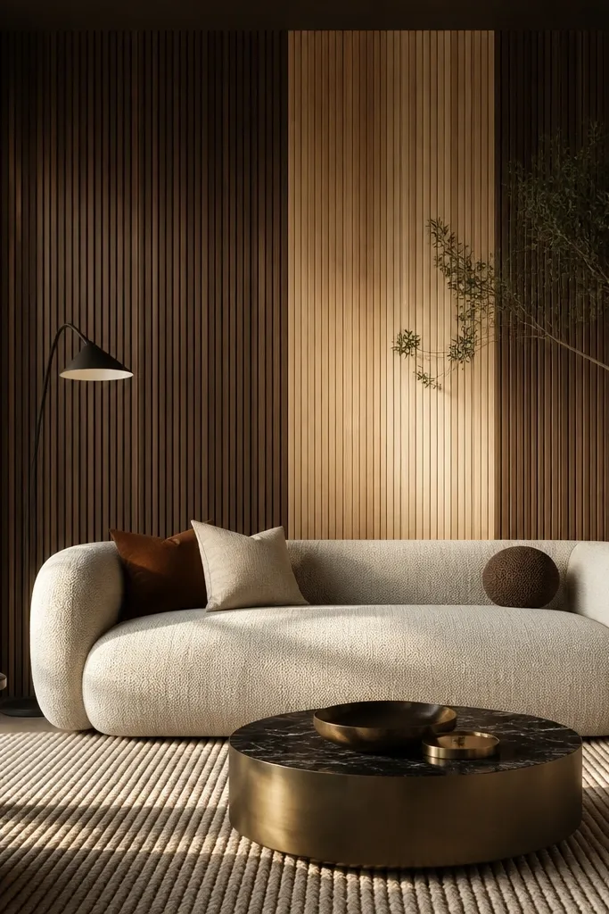 A two-tone slat wall behind a sofa. The outer area is dark walnut slats, while the center has light oak vertical slats forming a stripe behind the sofa. A small recessed shelf sits at the center stripe height.