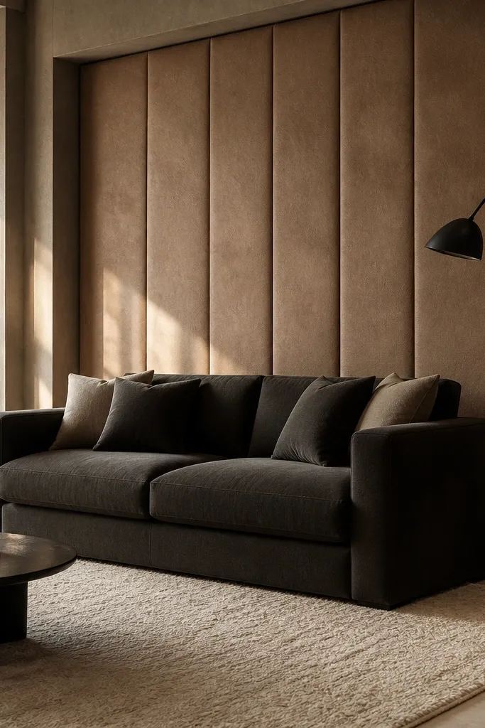 A sand-colored leather wall panel behind a sofa. The panel has a slightly padded look with stitched edges and a subtle button-free texture. Two slim matching wall sconces sit at left and right.