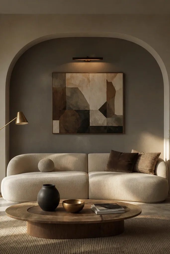 A soft curved arch niche centered behind a sofa. The niche is painted a deep warm gray and has an inner light panel. A single framed artwork sits inside the niche with a small recessed spotlight above it.