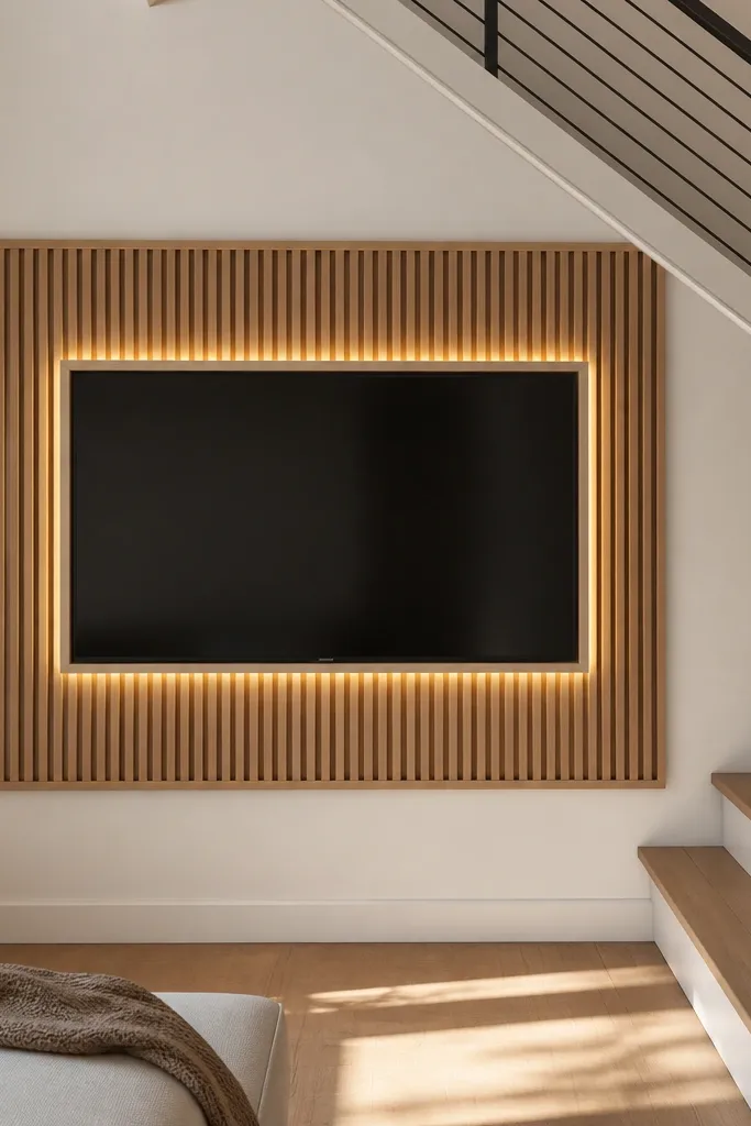 A modern TV mounted on a stair wall. The TV is centered inside a rectangular frame made of vertical oak slats. There is a thin dark shadow gap between the slats and the painted wall. Warm LED glow runs along the inner perimeter, with the stair steps visible on the side.