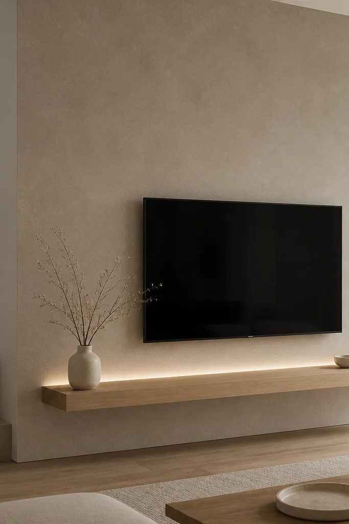 A flat, continuous microcement wall behind a TV on a stair wall. The surface has a subtle speckled stone look in warm greige. A single floating shelf in light oak sits below the TV, with a narrow LED channel washing the wall edge.