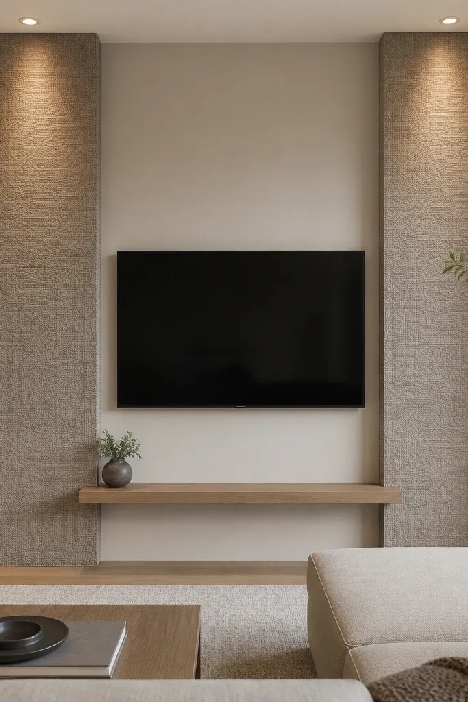 A TV centered on a stair wall with two tall linen-wrapped panel columns on either side. The center area is smooth painted wall. The linen panels have a tight weave and matte finish. Small recessed lights sit above, and there's a slim shelf below the TV.