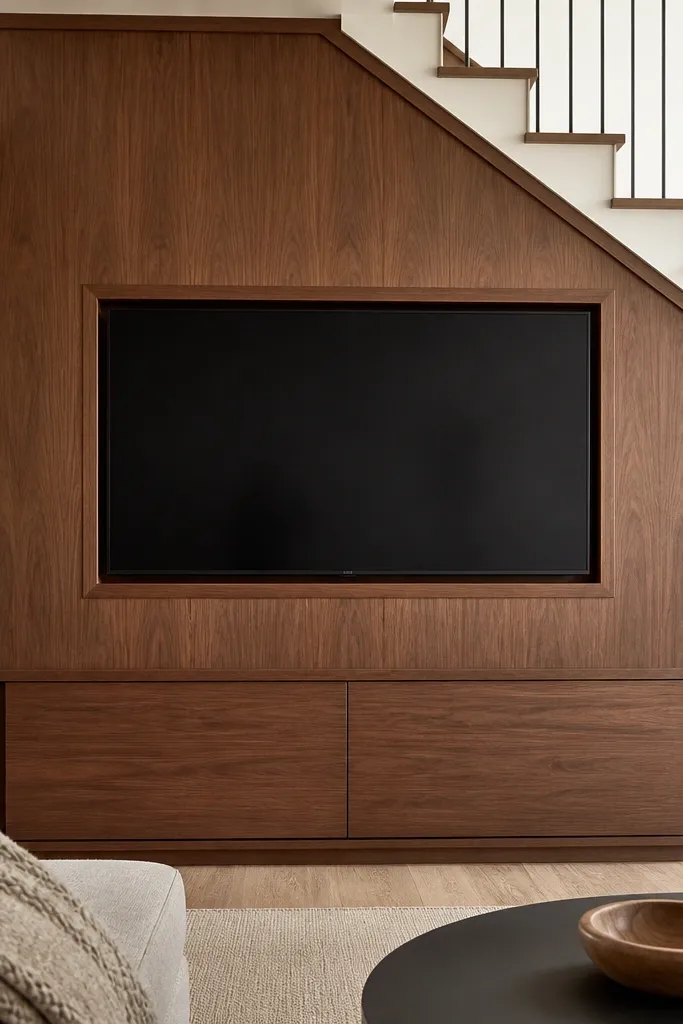 A walnut veneer built-in TV wall on a stair wall. The TV is centered in a walnut frame. Below, there's a long horizontal cabinet with two doors. A thin vertical recessed pull gap runs along one edge for opening the doors.