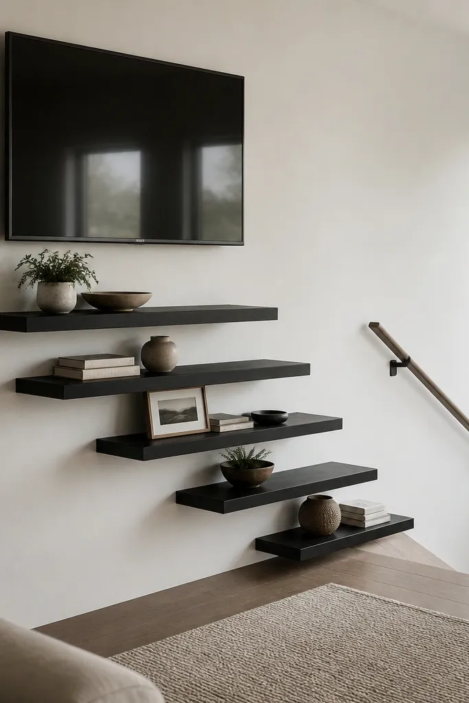 A matte white TV wall on a stair landing. The TV is mounted above a series of floating black oak shelves that step down toward the stairs. The shelves align with the staircase angle and create a tidy ladder effect.