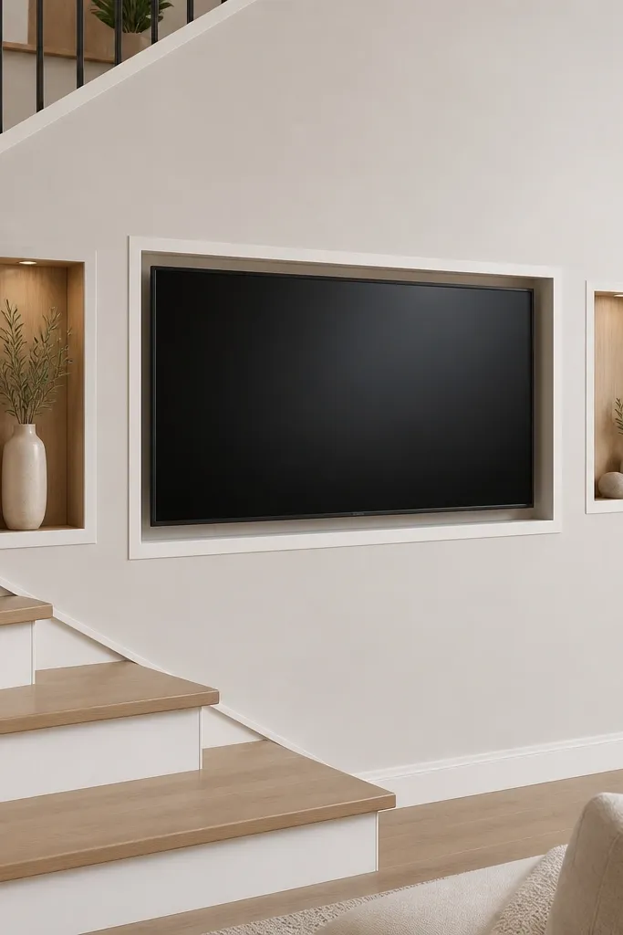 A TV set into a recessed rectangular box on a stair wall. The box has crisp white trim and a narrow dark interior shadow. Two small side niches sit at shoulder height with back panels in light oak.