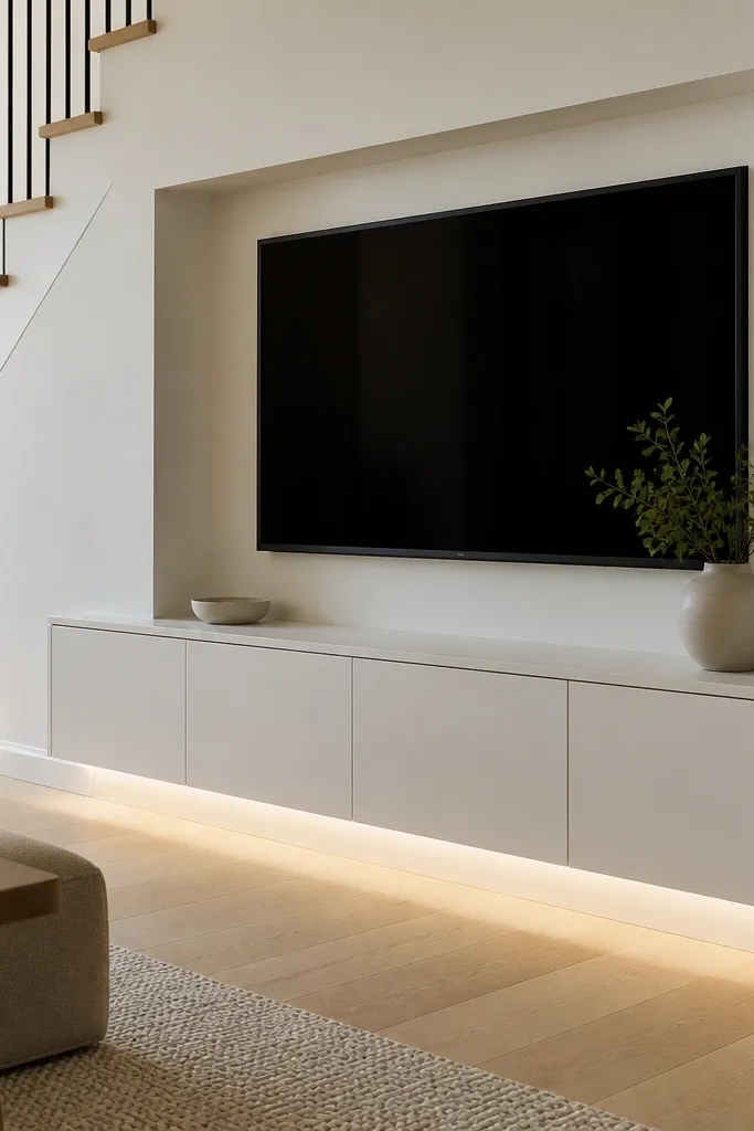 A low, built-in cabinet under a recessed TV area on a stair wall. The cabinet doors are flat and painted warm white. A hidden LED strip glows along the toe-kick line, giving a floating effect.