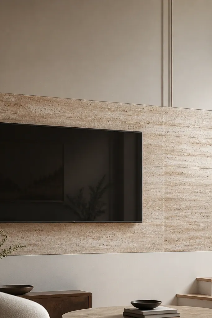 A TV on a stair wall with a bold horizontal travertine-look tile band behind the TV. Above the band is matte painted wall with subtle panel lines. The tile band has warm beige tones and soft veining.