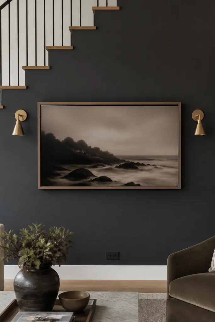 A charcoal matte wall behind a TV on a stair wall. The TV is centered in a simple frame, and two small brass sconces sit on either side at eye level. The cables are hidden with a clean outlet plate near the base.