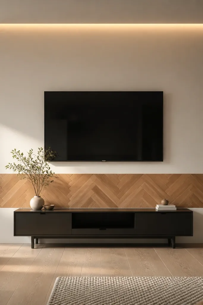 A modern minimalist TV wall on a stair landing. The TV sits on a smooth white wall. Under it, a centered oak veneer herringbone panel runs horizontally like a wide band. A slim media console sits below, and there's a recessed light line above.
