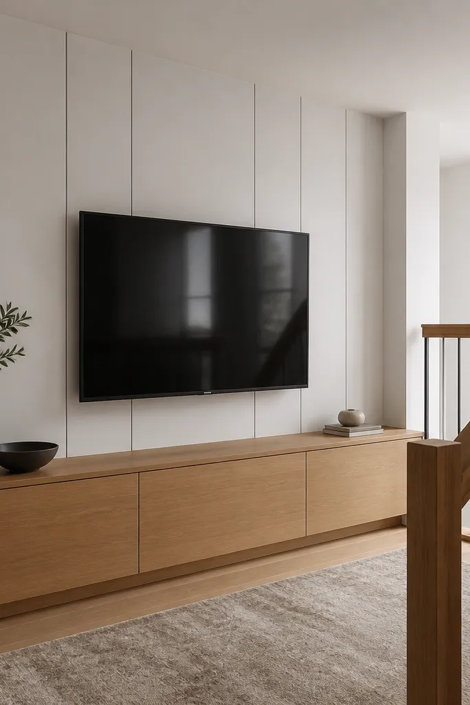 A TV wall on a stair landing with a cool white upper panel and warm oak lower cabinet. The TV is mounted centered between vertical cool white panels. The lower area has flat oak doors and a clean drawer line.