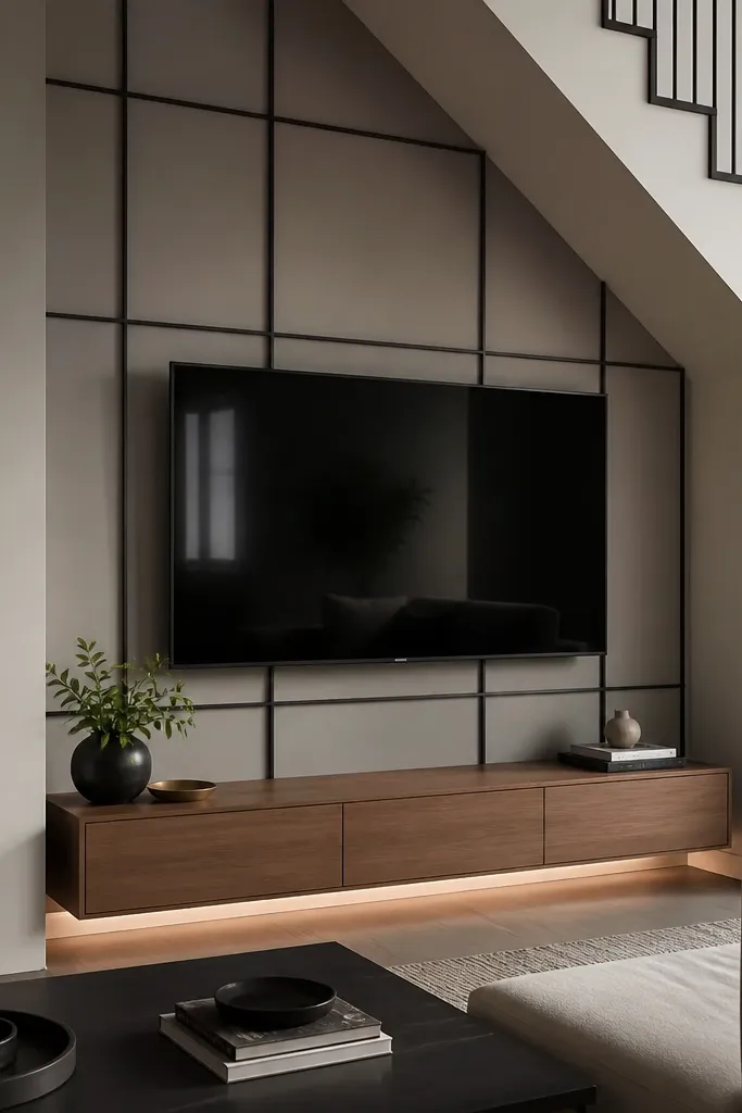 A stair wall TV area with a matte black metal grid panel behind the TV. The grid is subtle, like a frame. The TV is mounted on a hidden backplate, and there's a small floating console below.