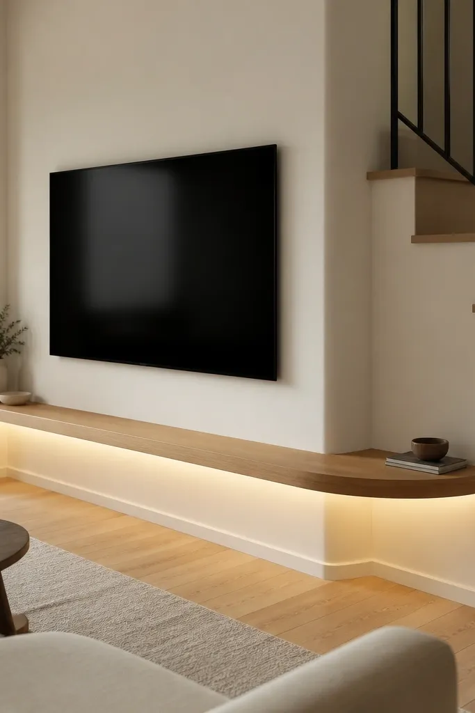 A TV on a stair wall with a curved shelf line that follows the corner angle. The wall is painted soft warm white. The curved shelf is light oak with a smooth radius and a thin LED underlight.