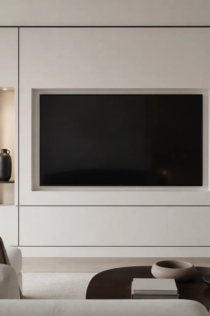A TV inset into a recessed wall panel. On the left and right sides there are tiny recessed micro-shelves. Only one statement object sits on each shelf. The wall is matte white with slim black trim lines.