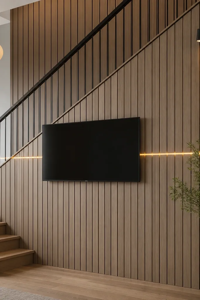 A full-height wall paneling system on a stair wall with vertical channels. The TV is mounted mid-height. A thin horizontal LED light line runs exactly at the TV center level behind trim.