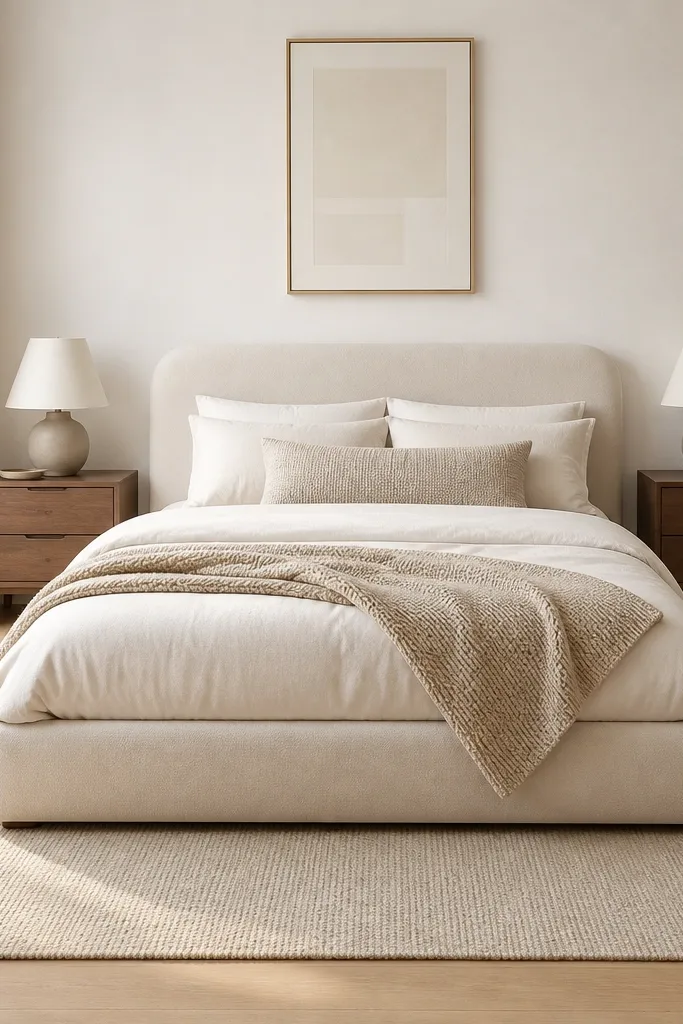 A modern bedroom with a low warm-white linen upholstered bed, a cream duvet, and a textured oatmeal throw. Two walnut nightstands sit symmetrically, each with a small matte ceramic lamp in soft sand. The walls are warm white, and the floor has a light oak tone. A low ivory rug sits under the bed with a subtle tight weave.