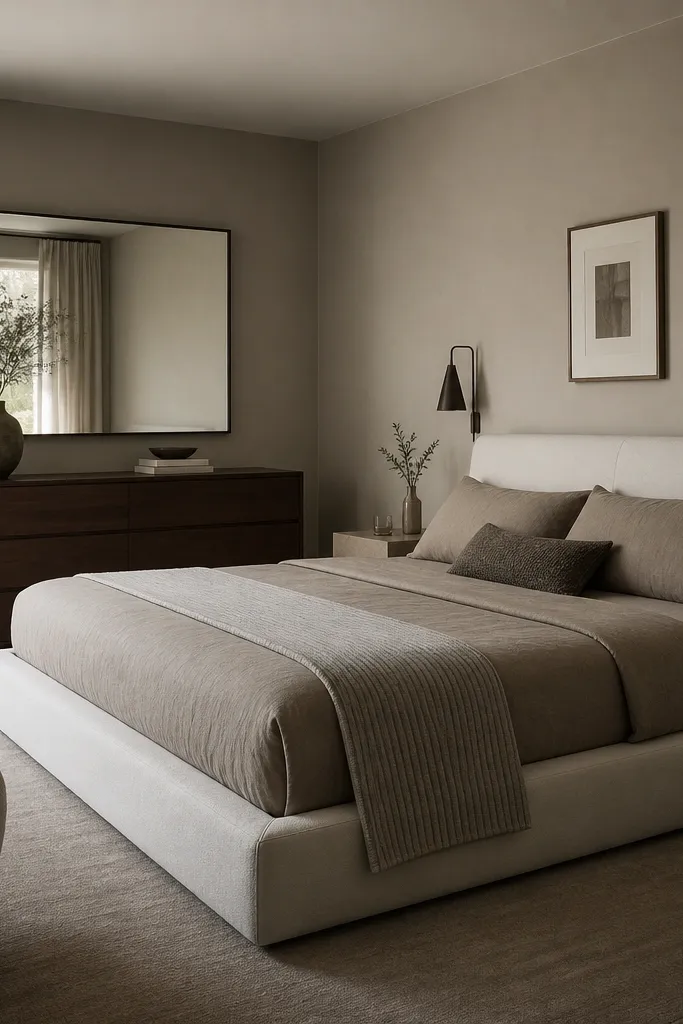 A bedroom with greige painted walls, a simple platform bed in off-white, and blackened steel wall sconces on both sides. The bed has a taupe duvet and a pale gray ribbed throw. A long, low dresser in dark oak sits against the wall, and a rectangular mirror with a thin black frame hangs above it.