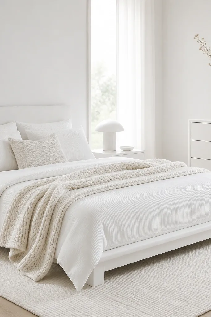 A bright white minimalist bedroom with a white platform bed and white bedding. The duvet cover has a faint ribbed texture, and the throw is a chunky knit in off-white. A white shag-free rug lies under the bed, and a single tall vase with dried stems sits on a white dresser.