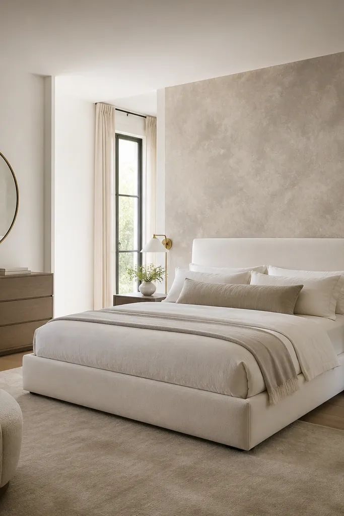 A modern bedroom with an off-white bed centered against a stone-tone wallpaper panel behind the headboard. The wallpaper has a subtle plaster texture in light taupe and warm gray. The rest of the walls are painted soft white. A round mirror with a thin brass rim hangs above a low dresser.