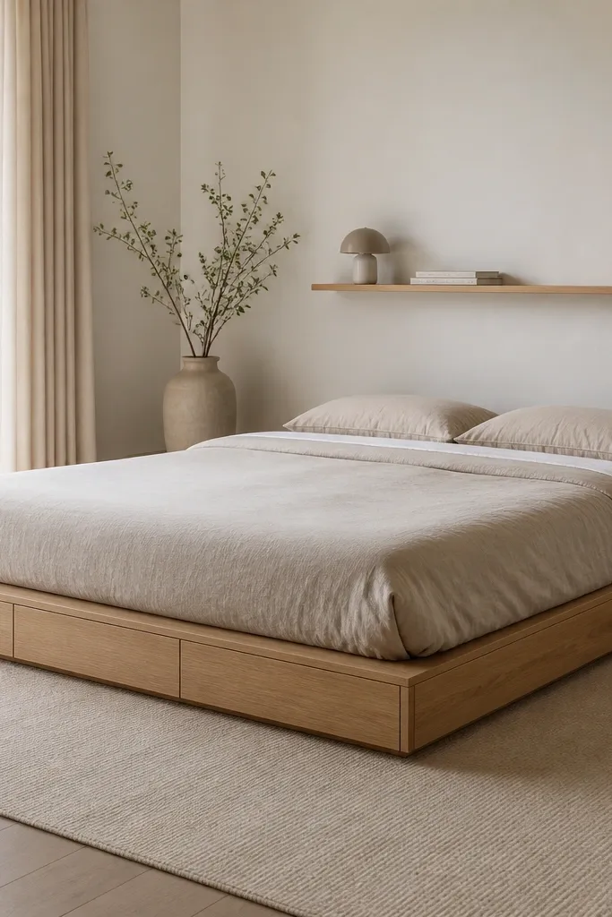 A minimalist bedroom with a low platform bed in light oak. The front edge has integrated drawers with hidden pulls. Bedding is a neutral beige duvet with a white sheet edge visible. A narrow wall shelf holds a single book and a small lamp. The floor is uncluttered, and the rug is a simple oat tone.