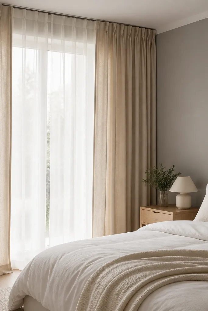 A bedroom with floor-to-ceiling curtains in oat linen-look fabric, gathered lightly and hung from a near-ceiling rod. The bed is in soft white, and the walls are painted warm gray. A small bedside lamp sits on a light wood nightstand. A sheer layer floats behind the main curtains.