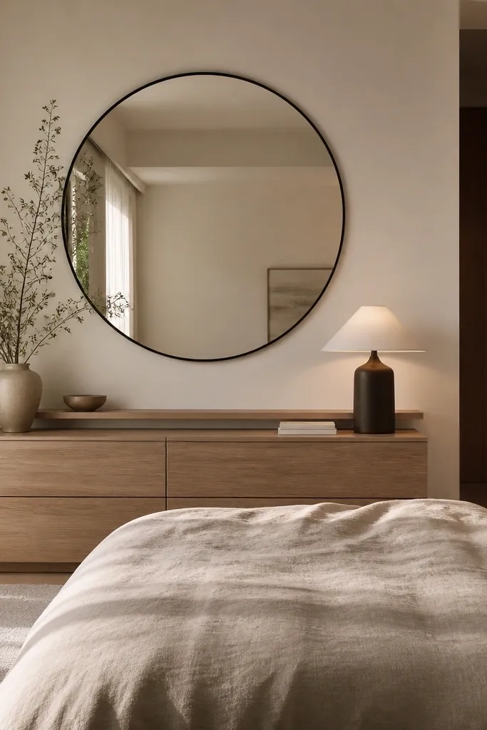 A modern bedroom with a low dresser in white oak and a large round mirror with a thin black frame above it. The bed is covered in a light taupe duvet, and a single bedside lamp with a cream shade sits on the dresser shelf. The walls are painted warm off-white.