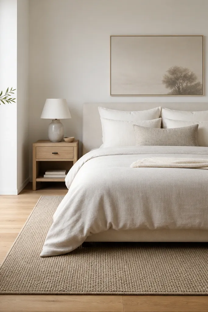 A minimalist bedroom with a mushroom-toned wool rug under the bed. The rug has a subtle looped texture and a tight border. The bed is dressed in oatmeal and cream, and the nightstands are light wood. The walls are soft white, and the floor shows warm oak.