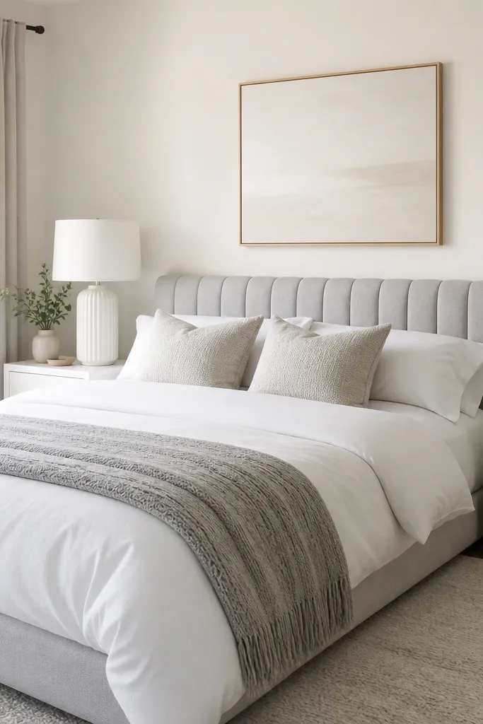A bedroom with a low, upholstered headboard in light gray fluted fabric. The bed has a white duvet and a pale gray throw with a subtle knit pattern. Two simple white nightstands hold matching lamps with ribbed ceramic bases. The walls are painted warm white.
