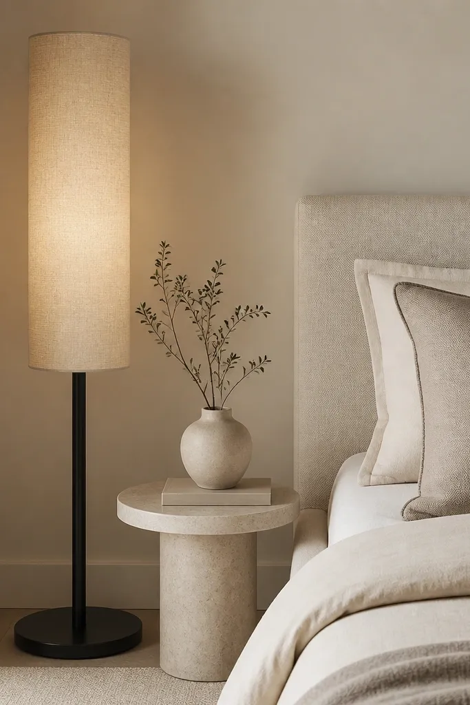 A corner of a minimalist bedroom with a matte black floor lamp standing next to the bed. The lamp has a tall linen shade and a simple base. The bed is dressed in cream and taupe, and there's a small round side table with a book and a ceramic vase.