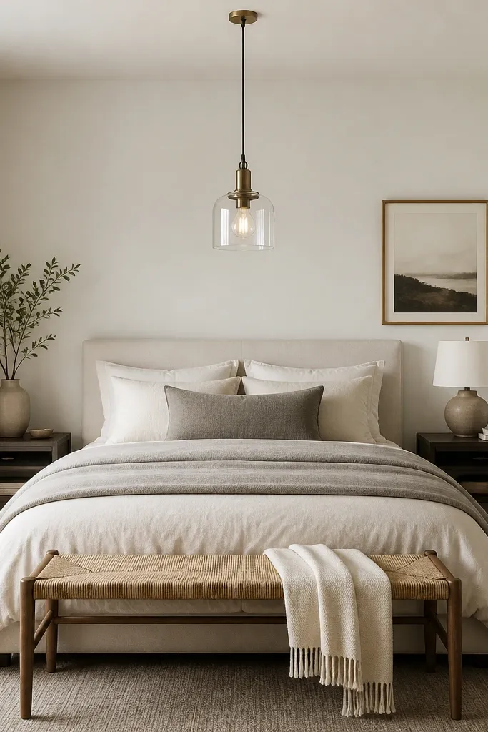 A modern bedroom with a single pendant light hanging centered above the bed. The pendant has a brushed brass or antique bronze finish with a simple glass shade. The bedding is in cream and warm gray, and the walls are painted soft white. There are no extra overhead fixtures.