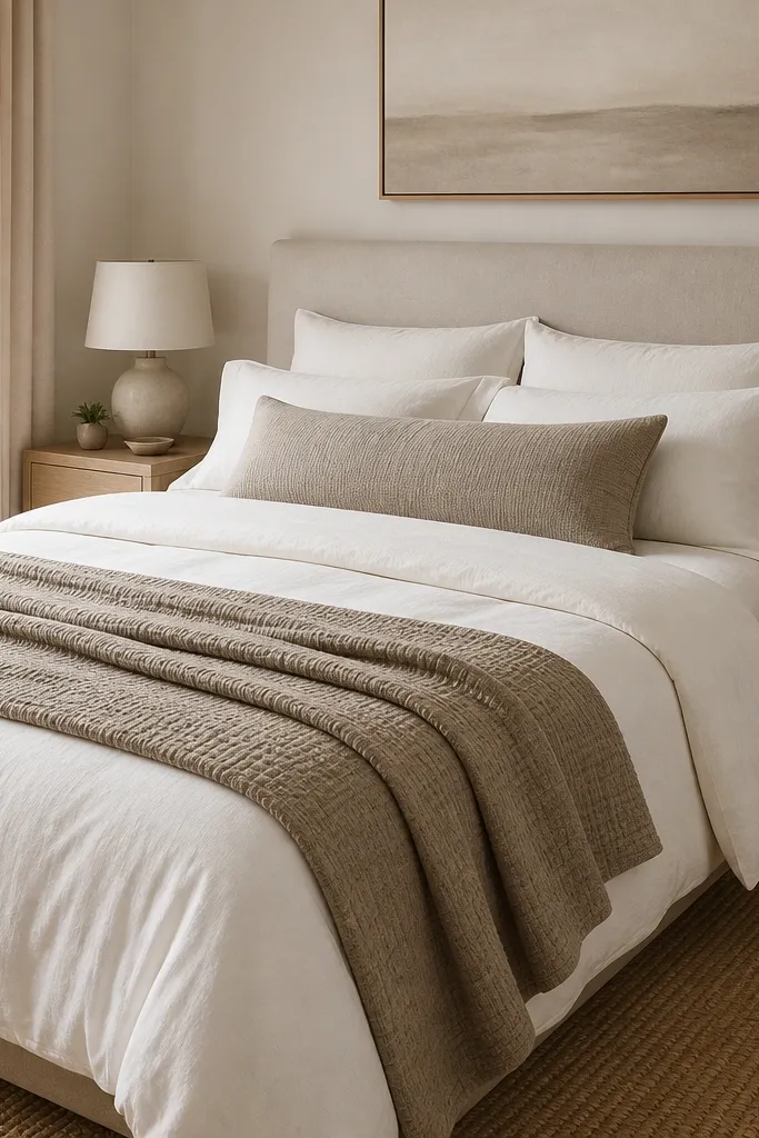 A bedroom bed dressed in tone-on-tone neutrals: a white duvet cover with a slightly warmer off-white sheet edge, and a taupe waffle-textured throw. The pillows are simple and solid, with one larger lumbar cushion in the same tone. The nightstands are light wood, and the rug is oat.